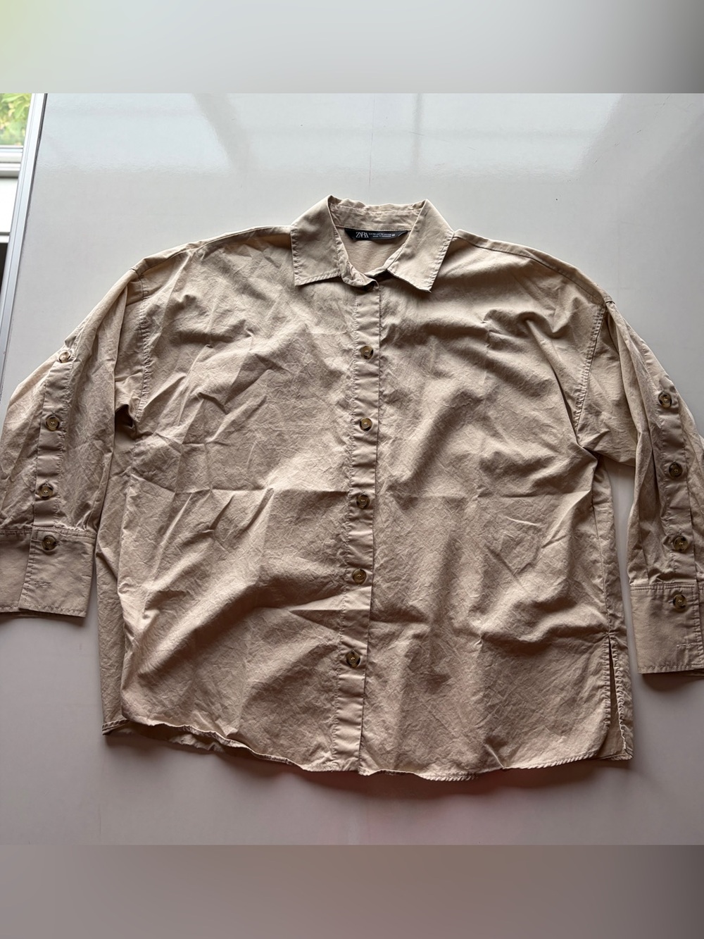 Zara tan cotton oversized button up oversized women’s XS button sleeves